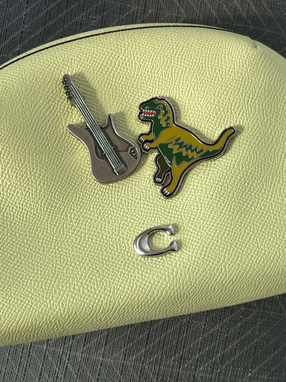 NWOT Coach Rexy Guitar Yellow Leather Zip Cosmetic Pouch with Rexy Enamel Accent